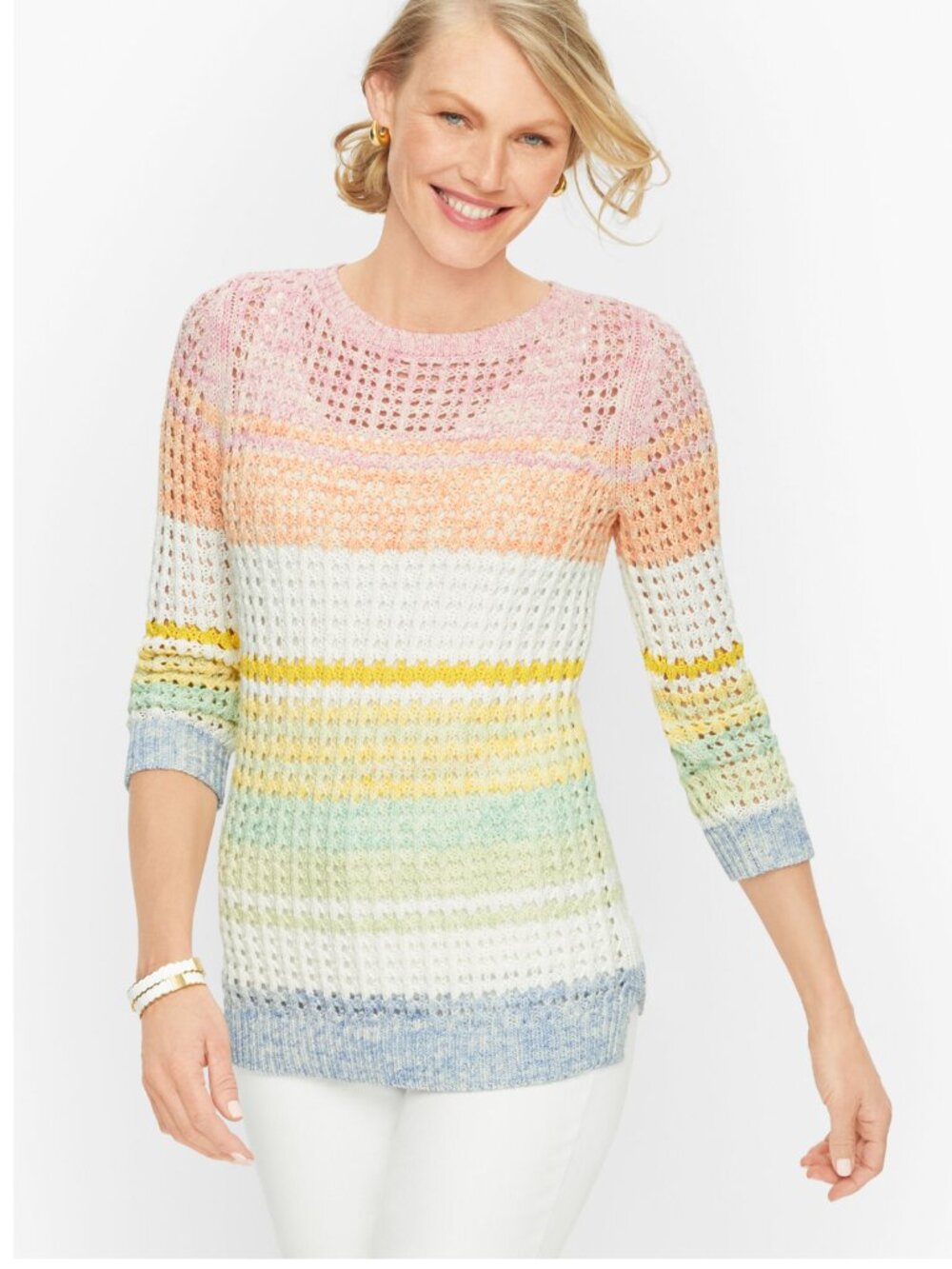 TALBOTS Open Stitch Cotton Sweater Colorful Stripes 3/4 Sleeve Size Lp